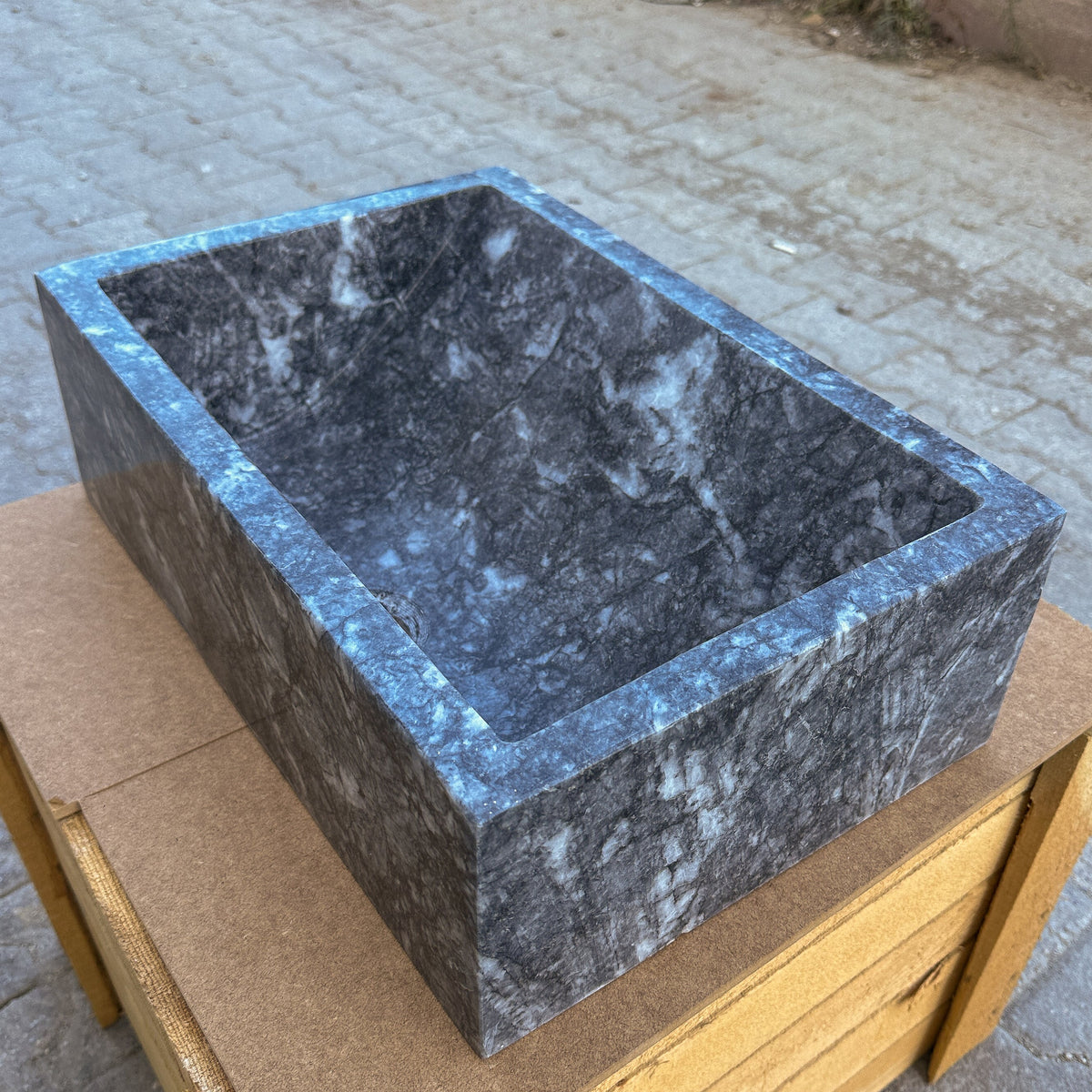 Turkish Gray Marble Hand Carved Rectangular Vessel Sink Polished 12 x 18 x 6 Inches