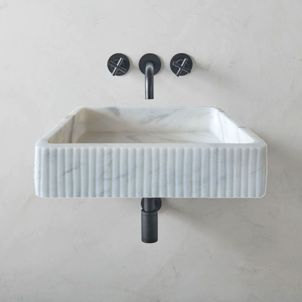 Carrara White Marble Wall-Mount Bathroom Sink - 24x16 Ribbed Honed