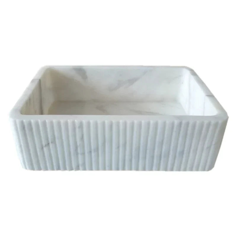 Carrara White Marble Wall-Mount Bathroom Sink - 24x16 Ribbed Honed