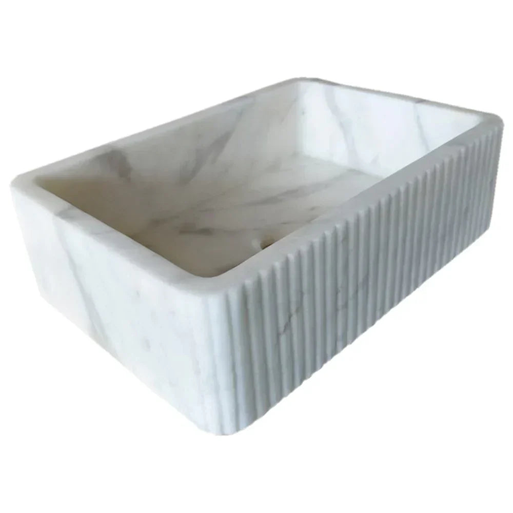 Carrara White Marble Wall-Mount Bathroom Sink - 24x16 Ribbed Honed