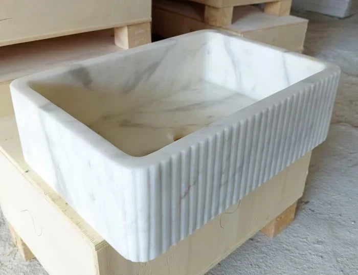 Carrara White Marble Wall-Mount Bathroom Sink - 24x16 Ribbed Honed