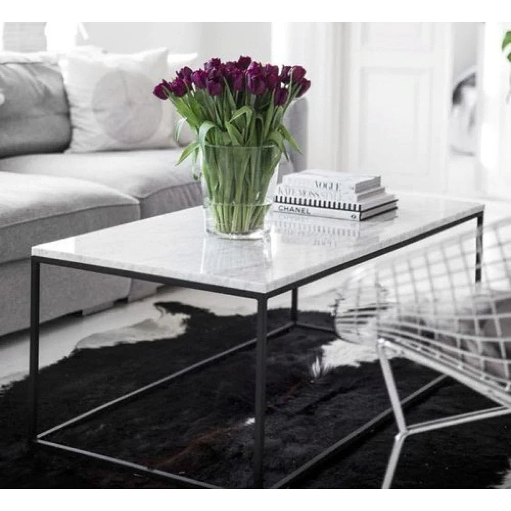 Carrara White Marble Rectangular Coffee Table with Metal Legs