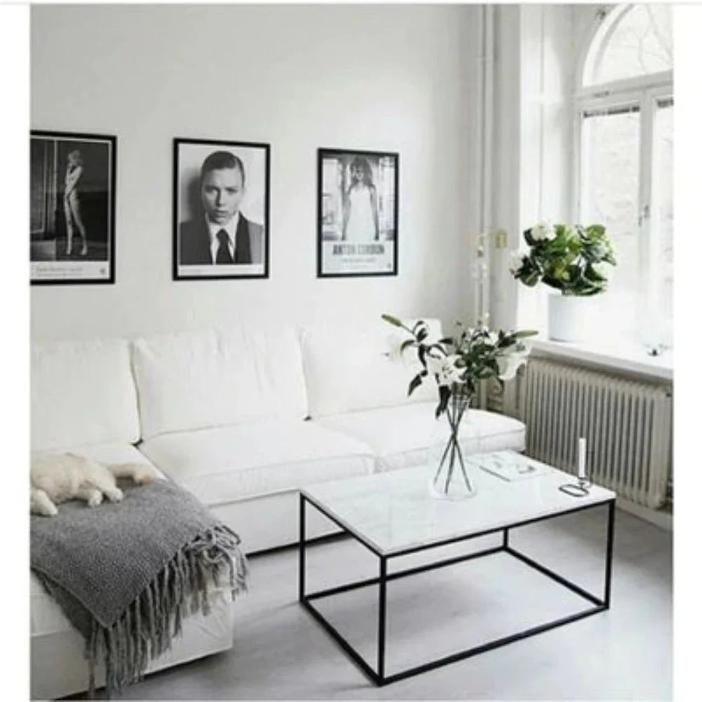 Carrara White Marble Rectangular Coffee Table with Metal Legs