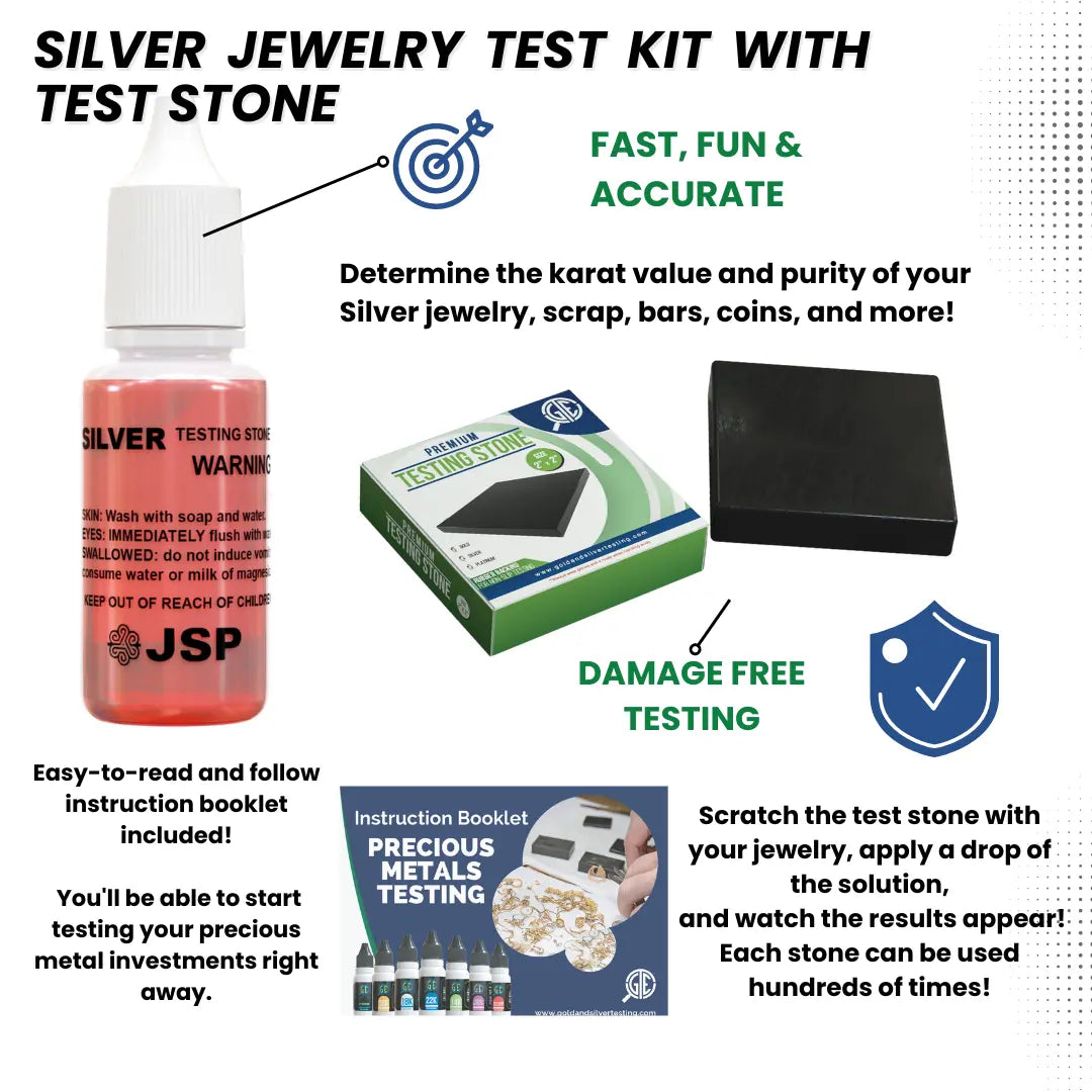 JSP Silver Jewelry Acid Test Apprail Kit Detect 999 925 Sterling Solution with GTE Scratch Stone Precious Metals
