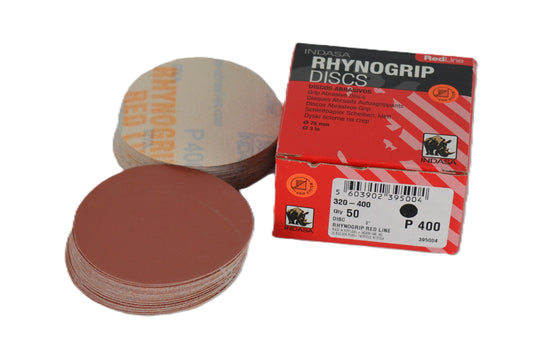 Indasa 3" Sanding Discs – Rhynogrip Red Line, Hook & Loop, 40–2000 Grit (320 Series)