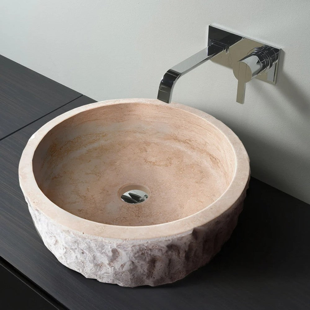 Denizli Beige Travertine Vessel Sink Rustic Hand Chiseled Exterior Honed Interior D16