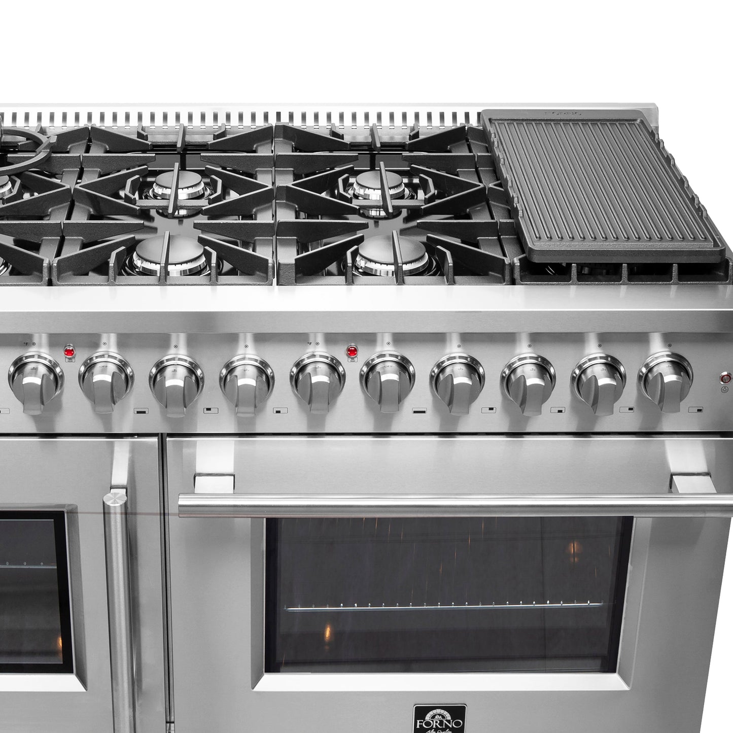 FORNO Galiano 48-Inch French Door Dual Fuel Range All Stainless Steel, 8 Sealed Burners, 107,000 BTU, Griddle, 6.58 cu.ft. Double Ovens