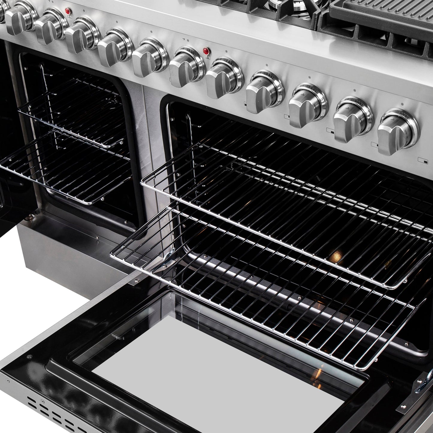 FORNO Galiano 48-Inch French Door Dual Fuel Range All Stainless Steel, 8 Sealed Burners, 107,000 BTU, Griddle, 6.58 cu.ft. Double Ovens