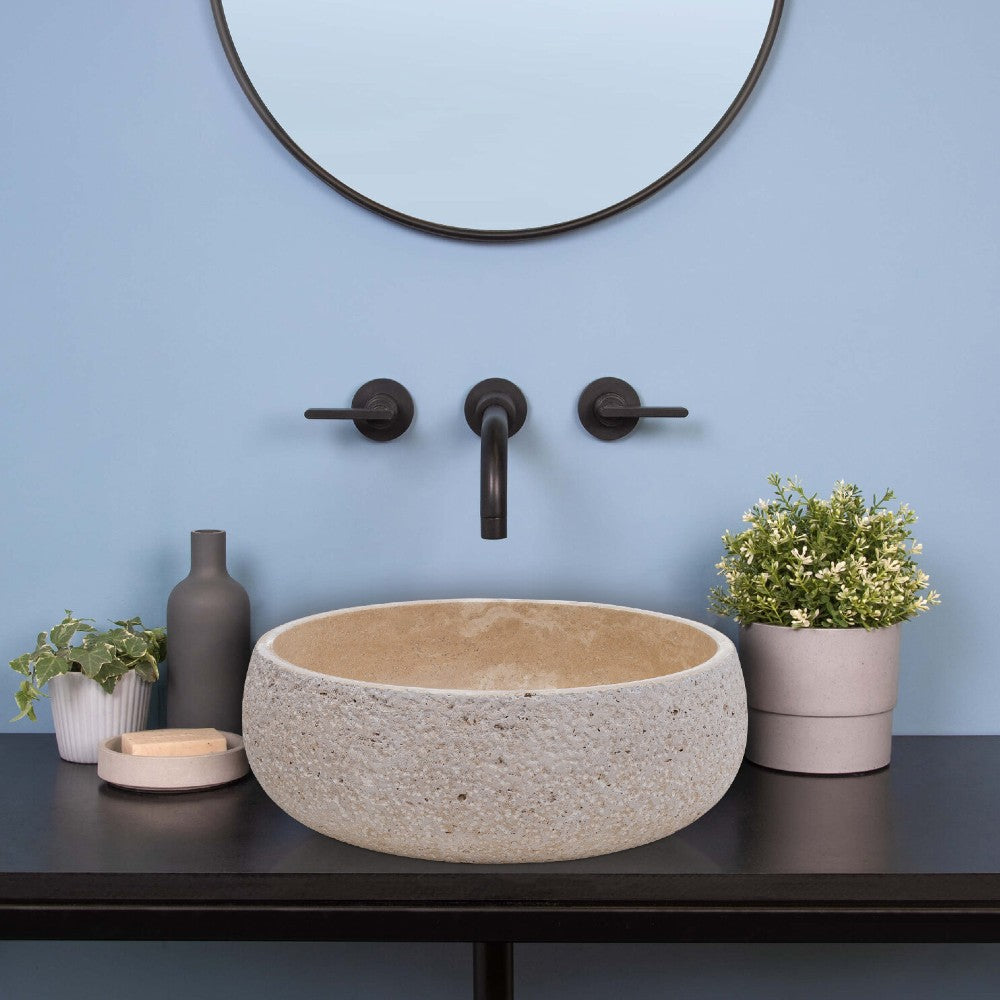 Light Beige Travertine Vessel Bathroom Sink - Polished 16 Inch