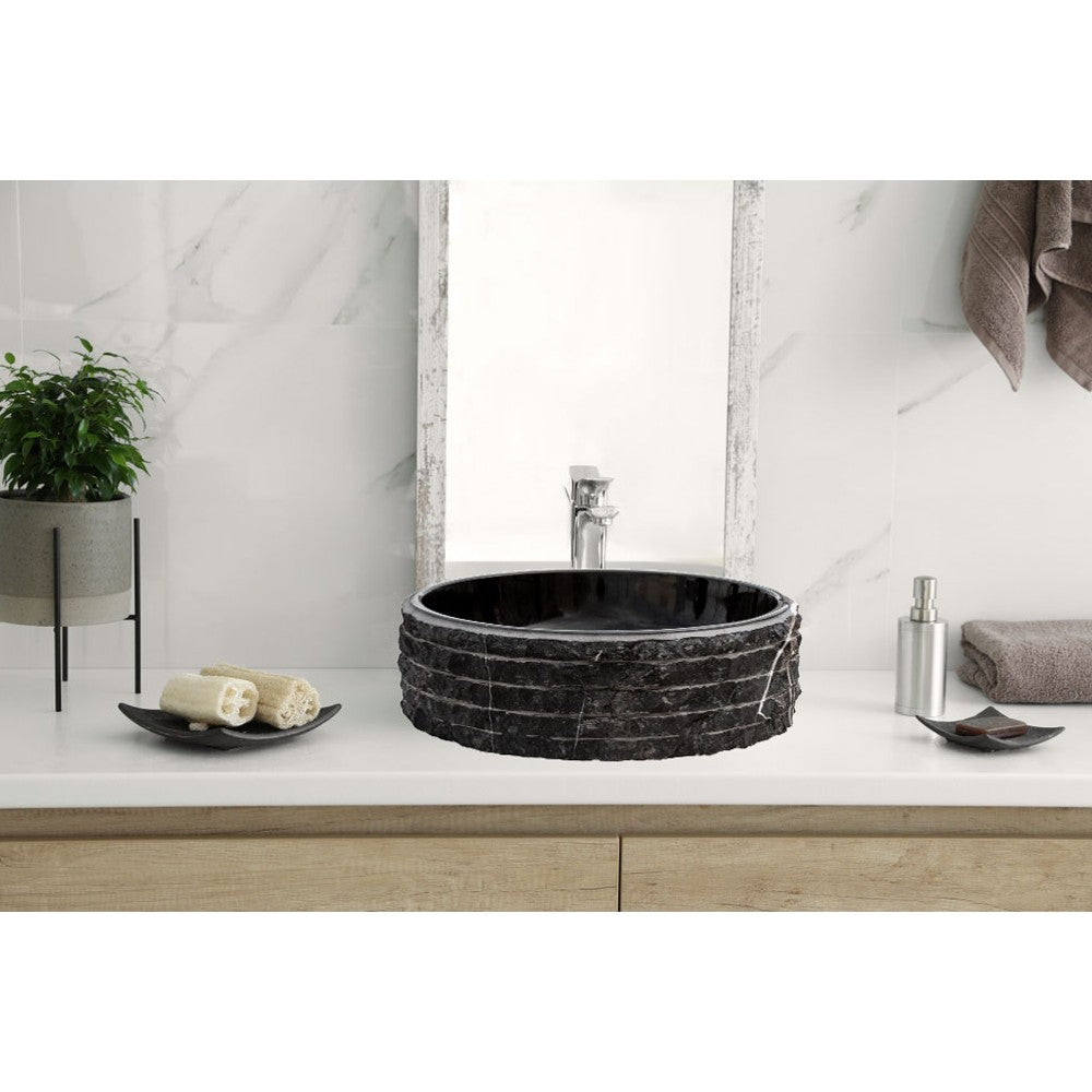 Black Marble Handcrafted Vessel Sink Bowl Polished Interior Combed Exterior 16x5