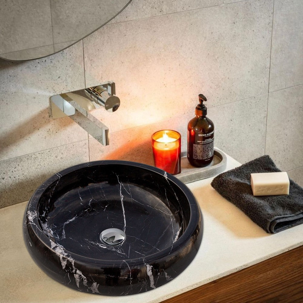 Toros Turkish Black Marble Polished Round Vessel Sink Bowl 16x5