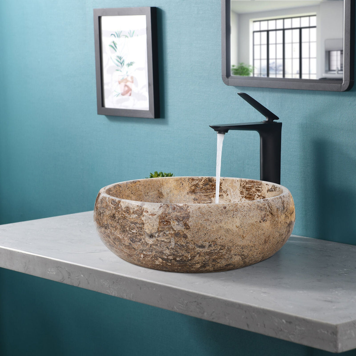 Turkish Travertine Vessel Sink Valencia Beige Filled and Polished Stone 16 Inch