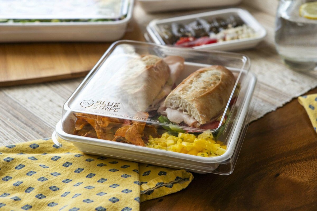 Eco-Products BlueStripe 9in Shallow Recycled PET Lid for Square Molded Fiber Containers (QTY 200), SKU EP-SCS9SLIDR
