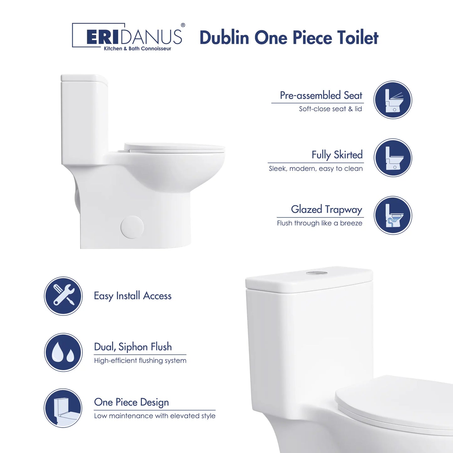 Dublin 1.1/1.6 GPF Elongated Chair Height One-Piece Toilet, Floor Mounted