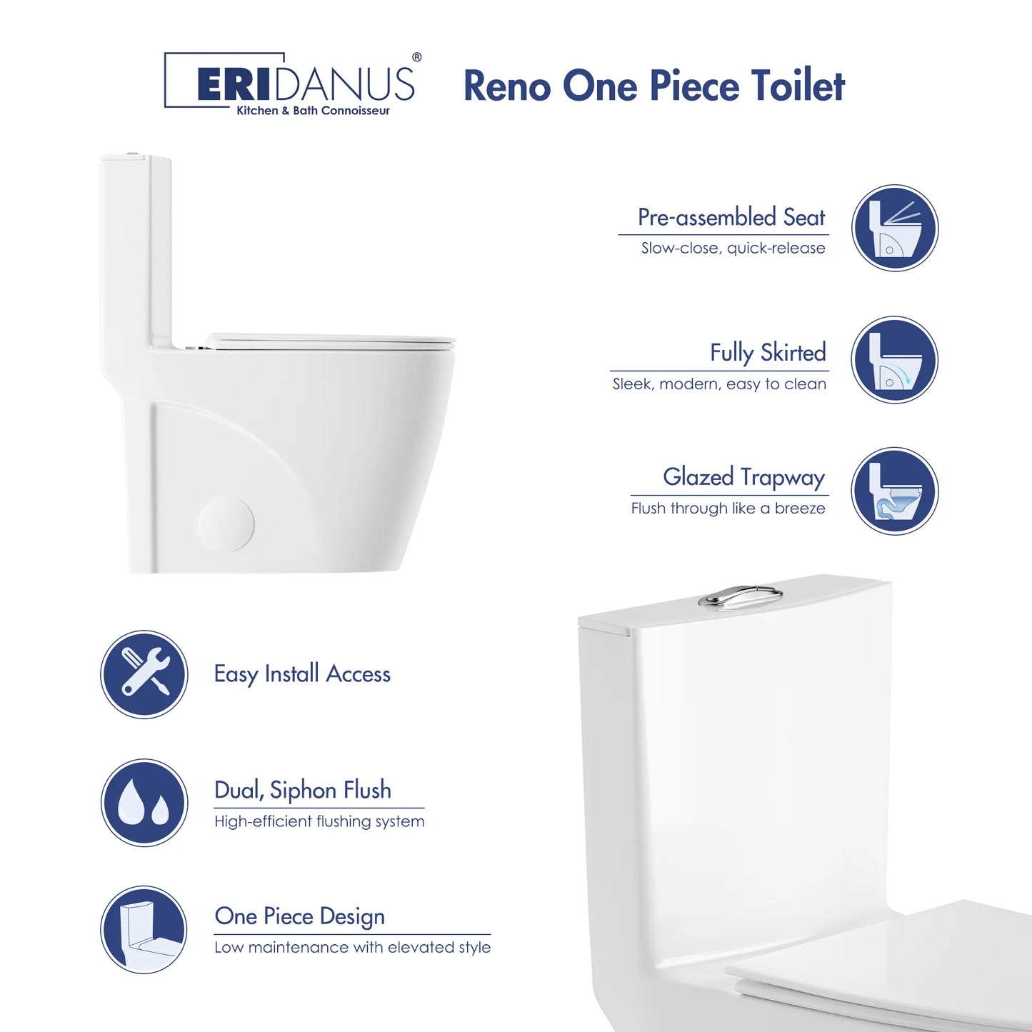 Reno One-Piece Chair Height Elongated Toilet, 1.1/1.6 GPF Dual Flush, Multiple Colors