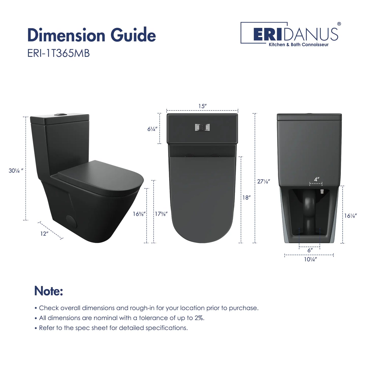 Turner 1.1/1.6 GPF Dual Flush Elongated One-Piece Toilet, Chair Height, White / Matte Black
