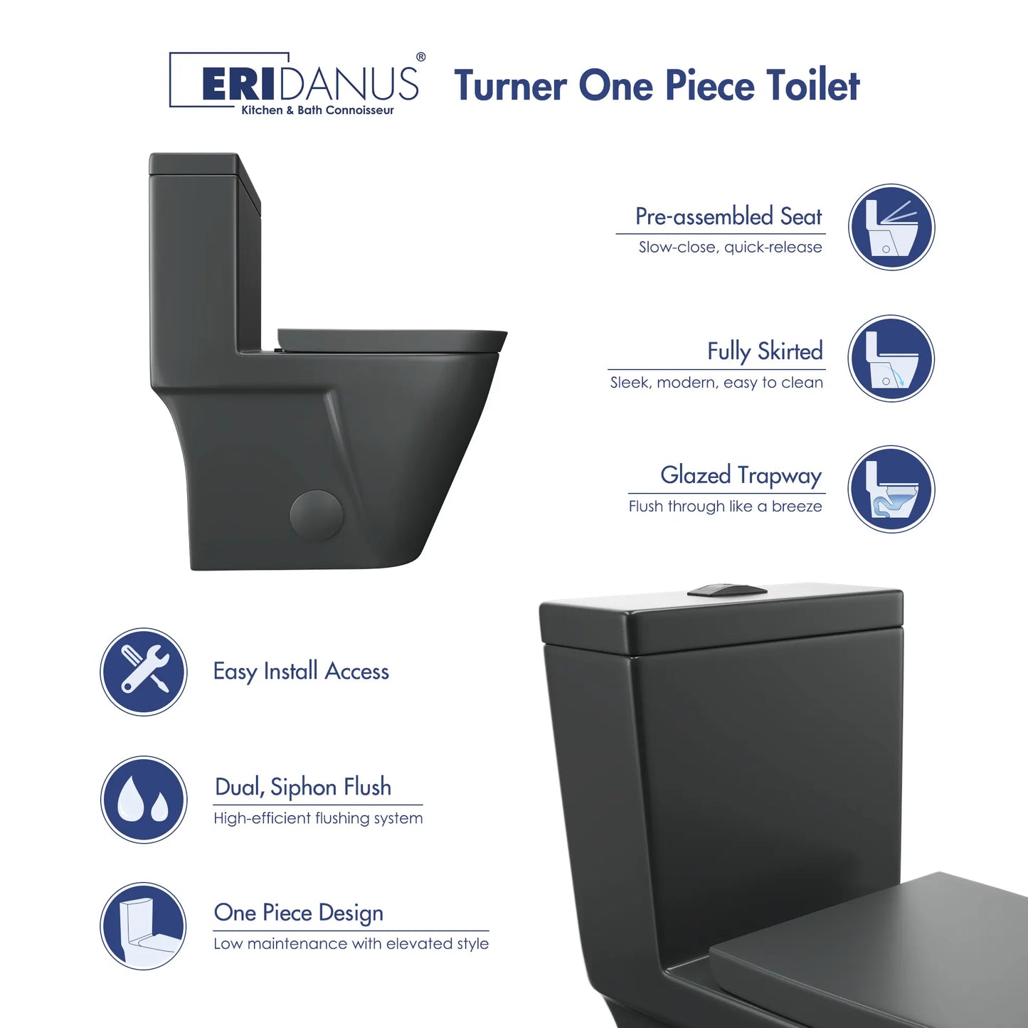 Turner 1.1/1.6 GPF Dual Flush Elongated One-Piece Toilet, Chair Height, White / Matte Black