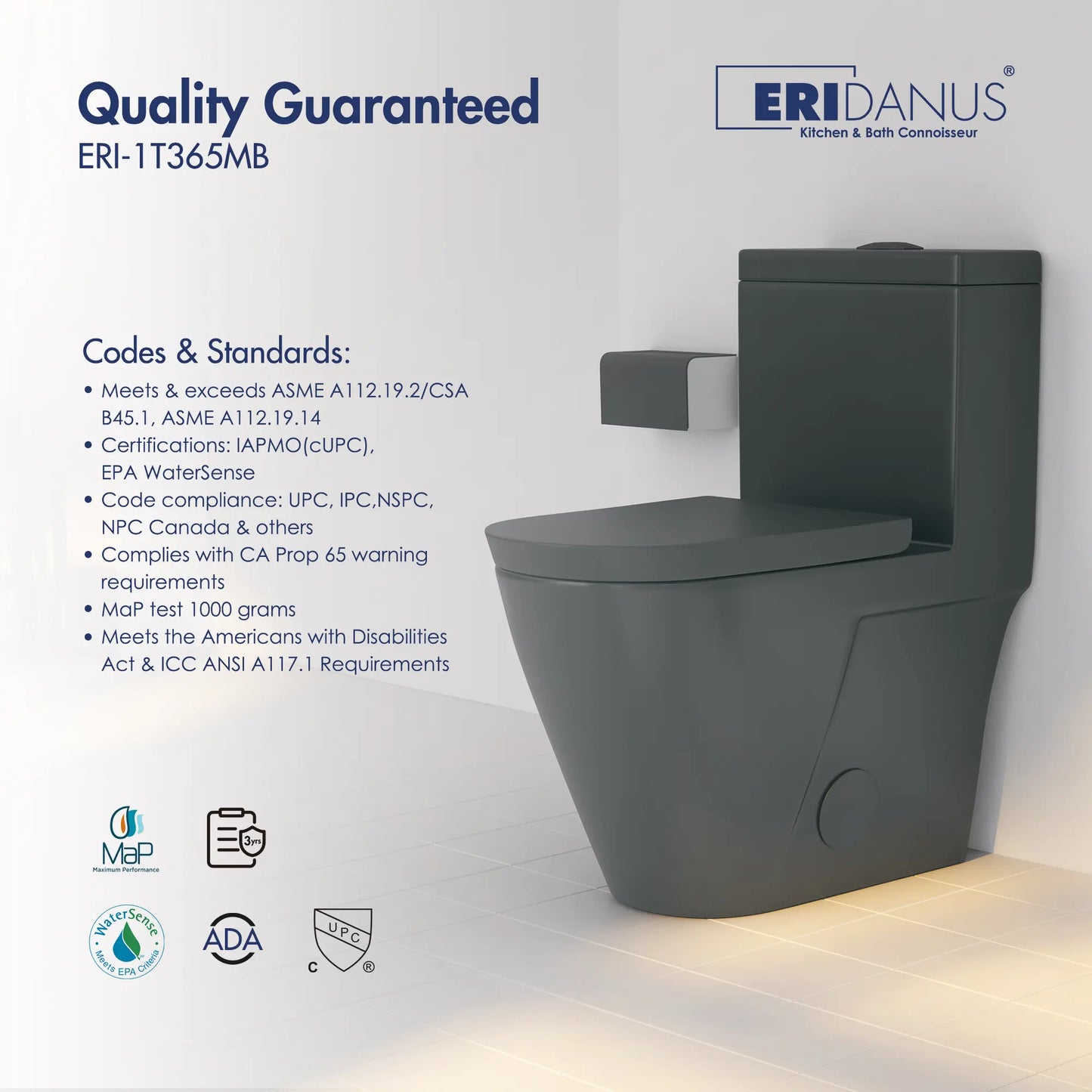 Turner 1.1/1.6 GPF Dual Flush Elongated One-Piece Toilet, Chair Height, White / Matte Black