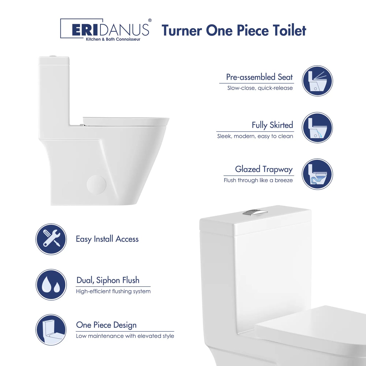 Turner 1.1/1.6 GPF Dual Flush Elongated One-Piece Toilet, Chair Height, White / Matte Black