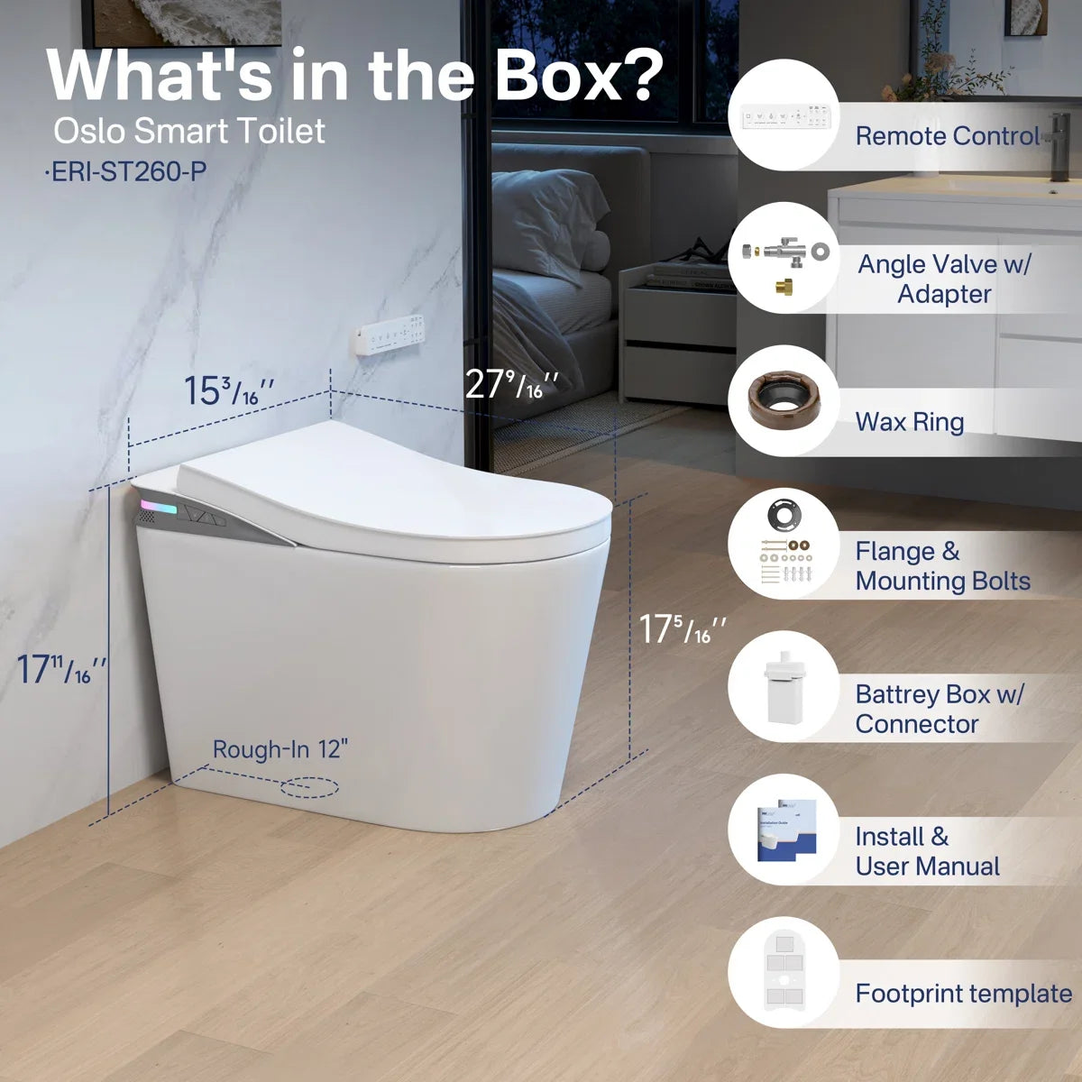 Oslo Elongated Smart Toilet with Auto-Open Lid, Bidet & Touchless Flush