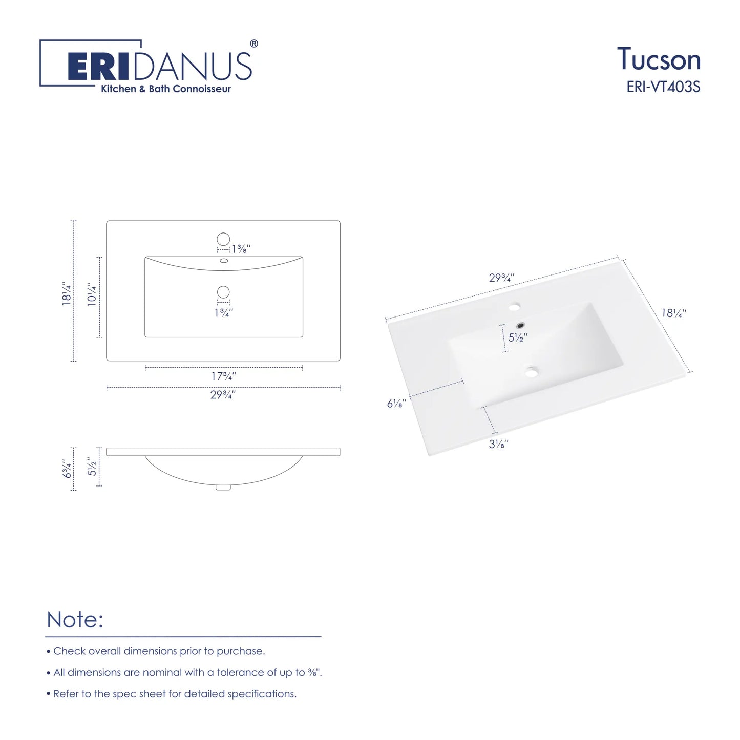 Tucson 30" x 18.25" Vitreous China Single Vanity Top Sink in White (Sink Only, No Vanity)
