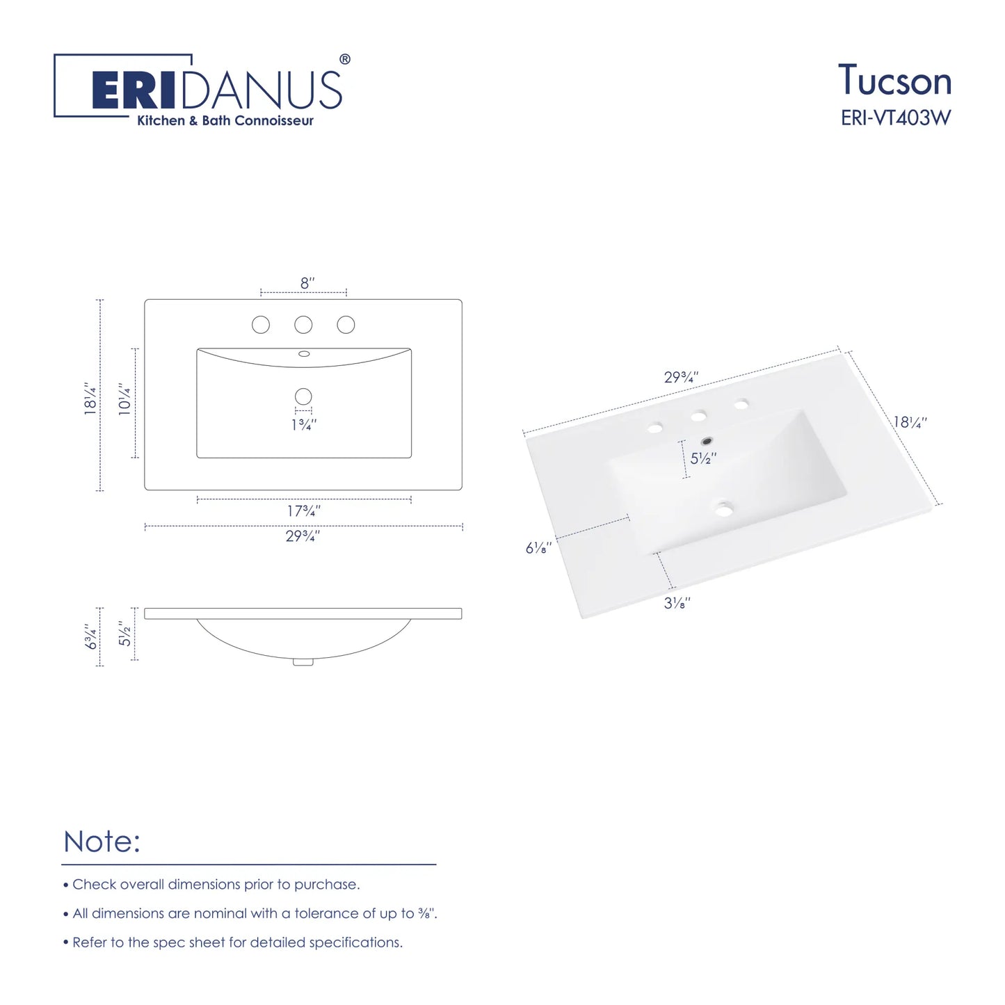 Tucson 30" x 18.25" Vitreous China Single Vanity Top Sink in White (Sink Only, No Vanity)