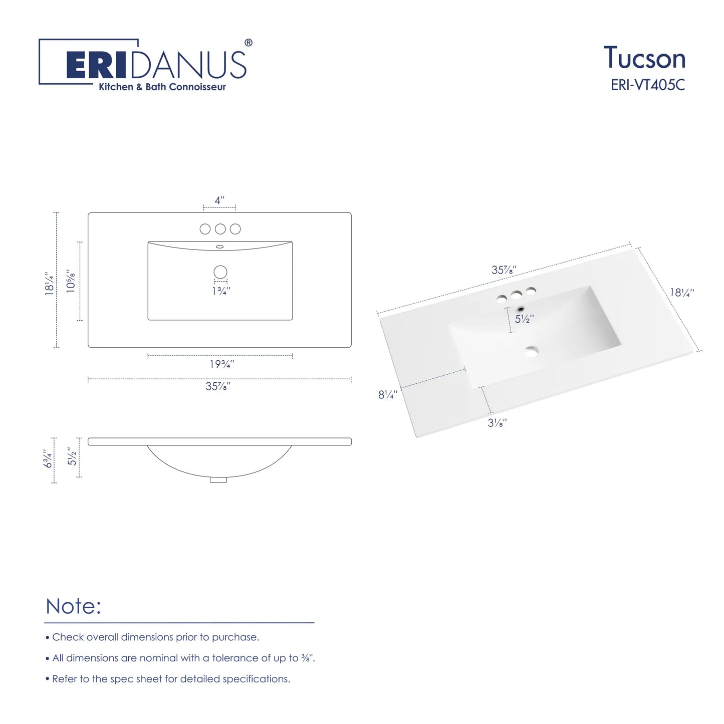 Tucson 35.9" x 18.25" White Vitreous China Rectangular Single-Basin Countertop Sink (Sink Only, Vanity Cabinet Not Included)