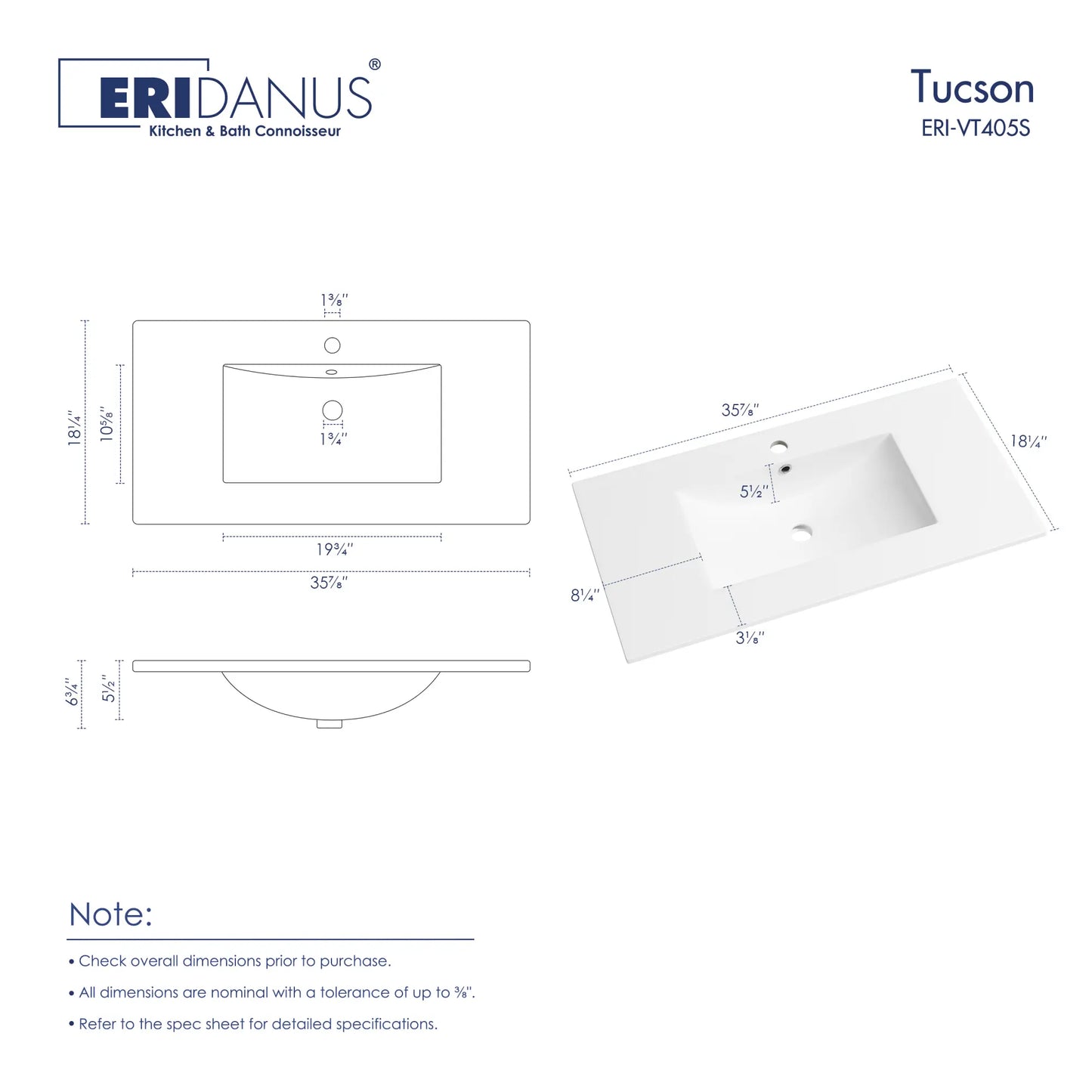 Tucson 35.9" x 18.25" White Vitreous China Rectangular Single-Basin Countertop Sink (Sink Only, Vanity Cabinet Not Included)