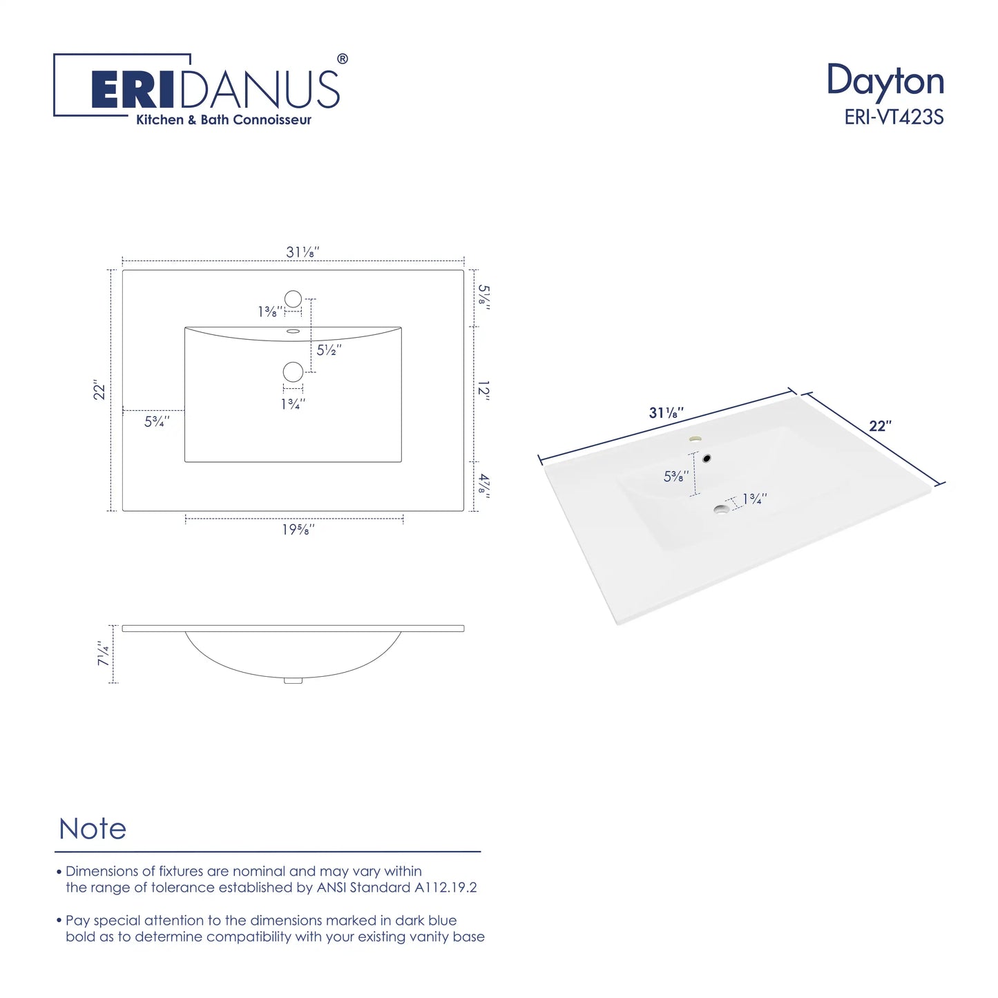 Dayton 31" x 22" White Rectangular Vitreous China Vanity Top Sink ( Sink Only )
