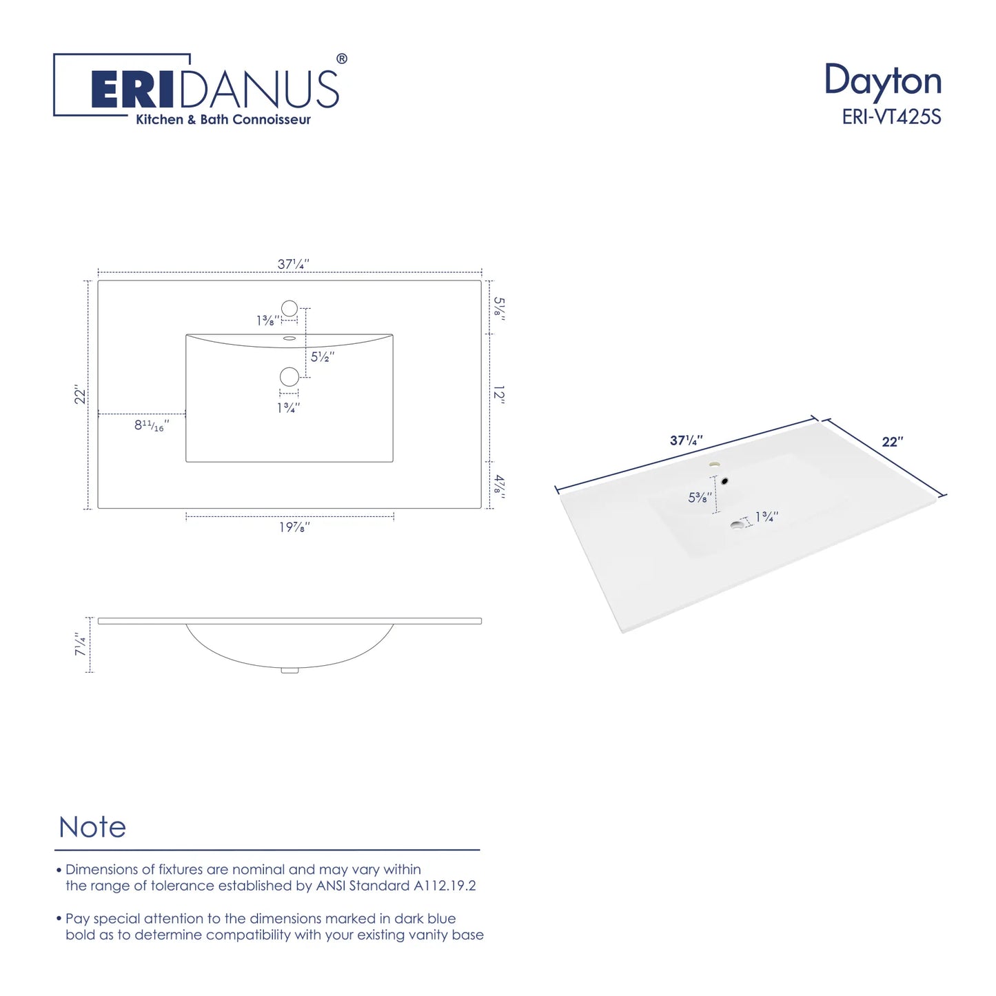Dayton 37" x 22" Vitreous China Vanity Top Sink in White with Single Faucet Hole (Sink Only, No Vanity)