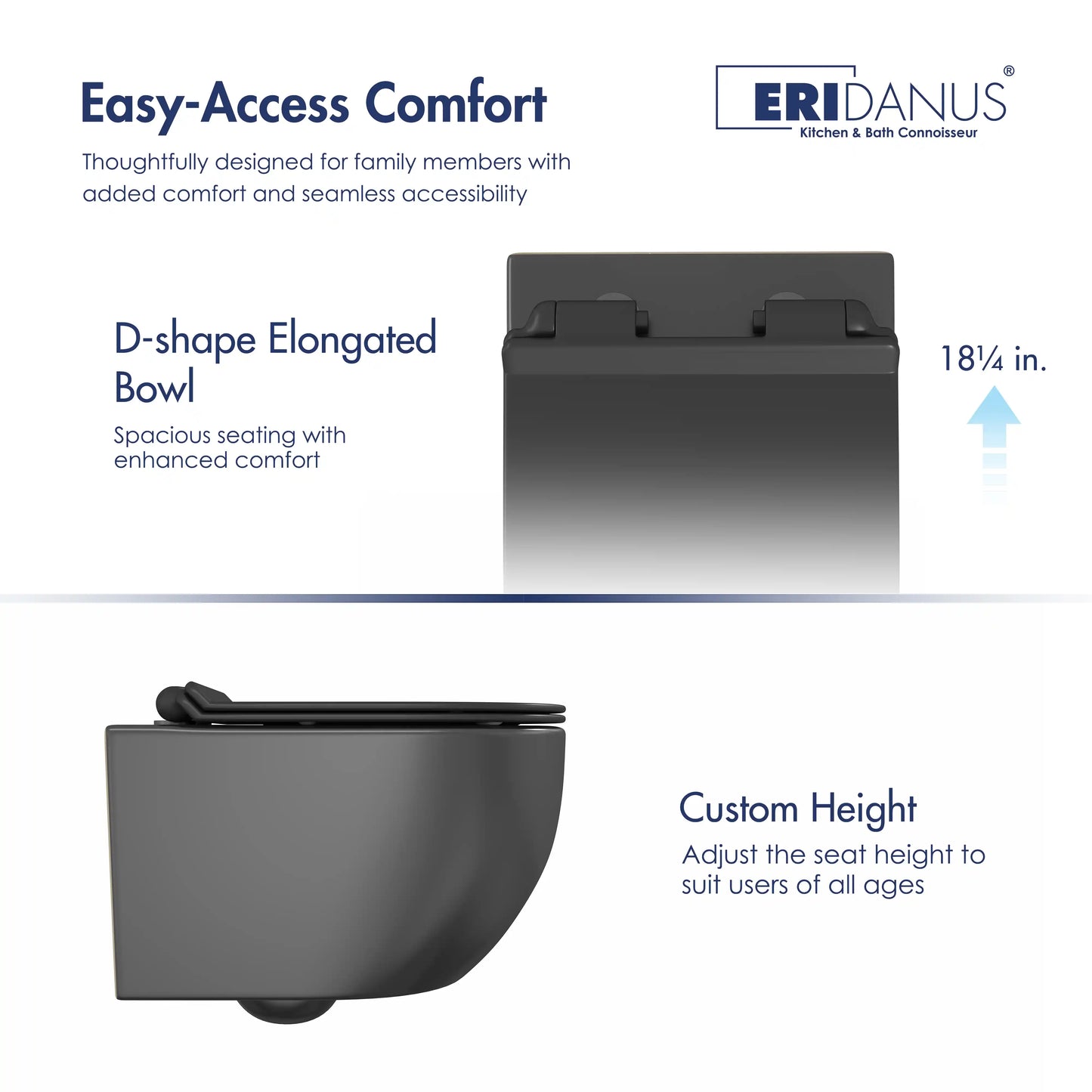 Hampton Wall-hung Elongated Toilet, 0.8/1.6 GPF Dual Flush, Multiple Colors