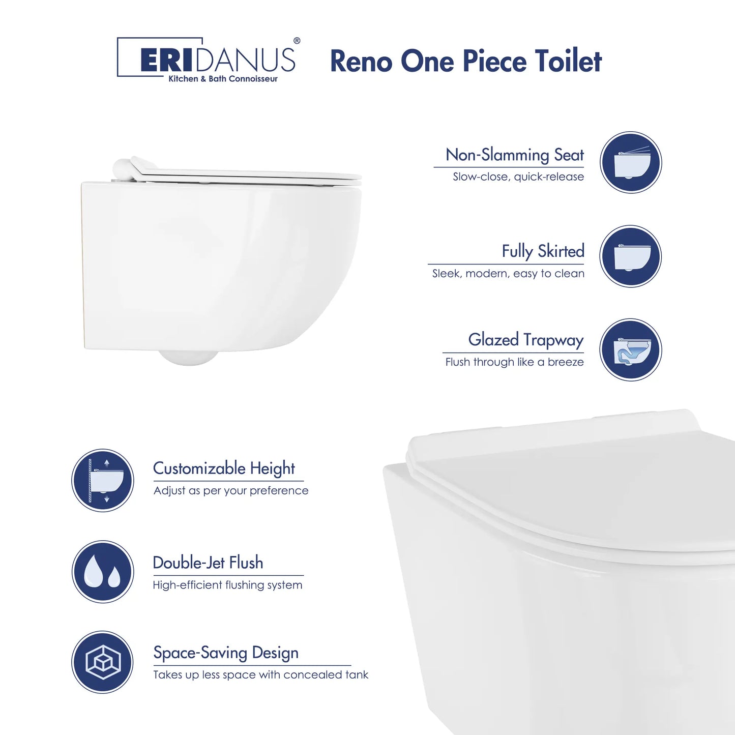 Hampton Wall-hung Elongated Toilet, 0.8/1.6 GPF Dual Flush, Multiple Colors