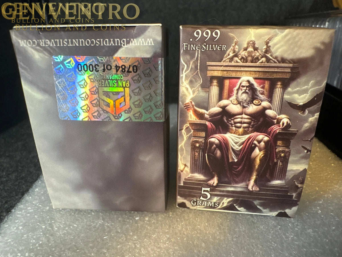 5 gram Pure .999 Silver Bar - Zeus - New Box w/ COA Pan Silver Company