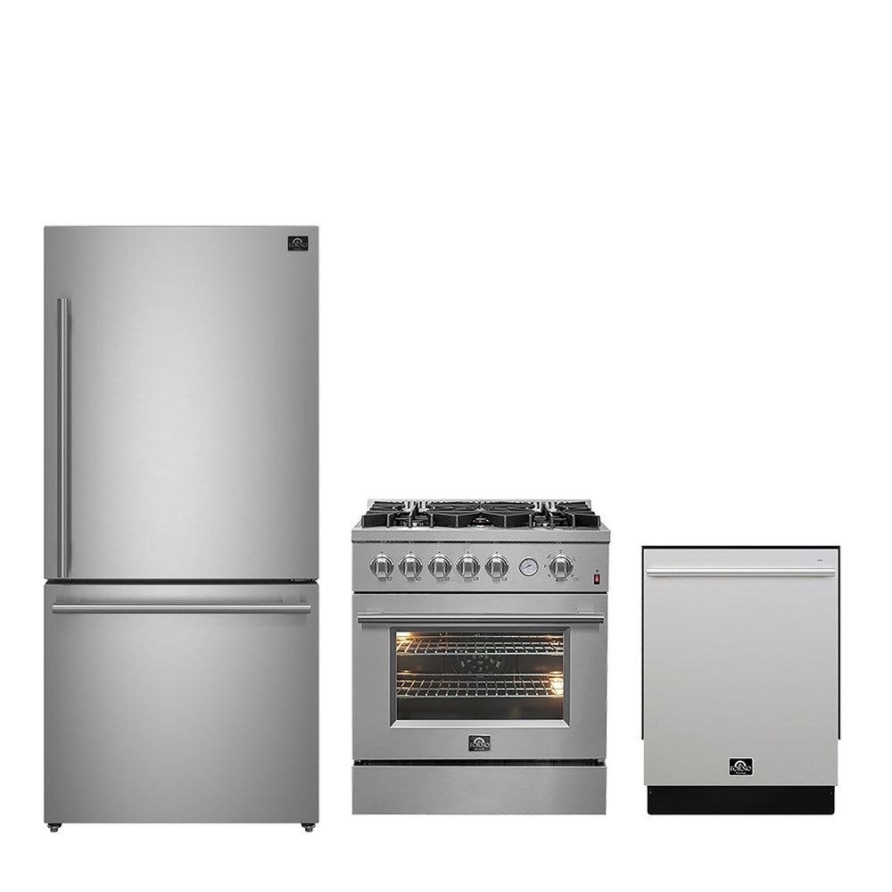 FORNO Premium 3-Piece Kitchen Bundle - 30" Gas Range, Bottom Freezer Refrigerator, Built-In Dishwasher, Stainless Steel - FBDL-012-01CAUS