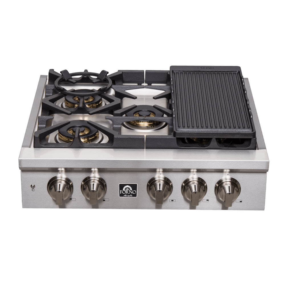 Forno Spezia Alta Qualita 30-Inch Pro-Style Gas Rangetop, Stainless Steel, 5 Sealed Burners, Continuous Cast Iron Grates, High Heat Output