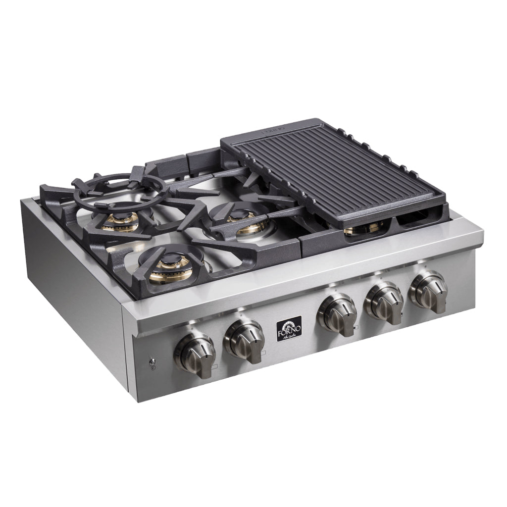 Forno Spezia Alta Qualita 30-Inch Pro-Style Gas Rangetop, Stainless Steel, 5 Sealed Burners, Continuous Cast Iron Grates, High Heat Output