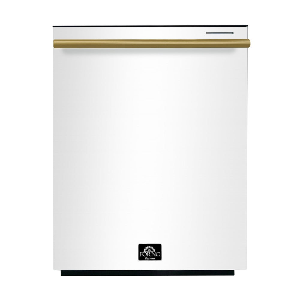 FORNO Premium 4-Piece Kitchen Bundle - Leonardo Espresso 30" White Range, 30" White Range Hood, 31" White Bottom Freezer Refrigerator, 24" White Built-In Dishwasher - FBDL-006-03US