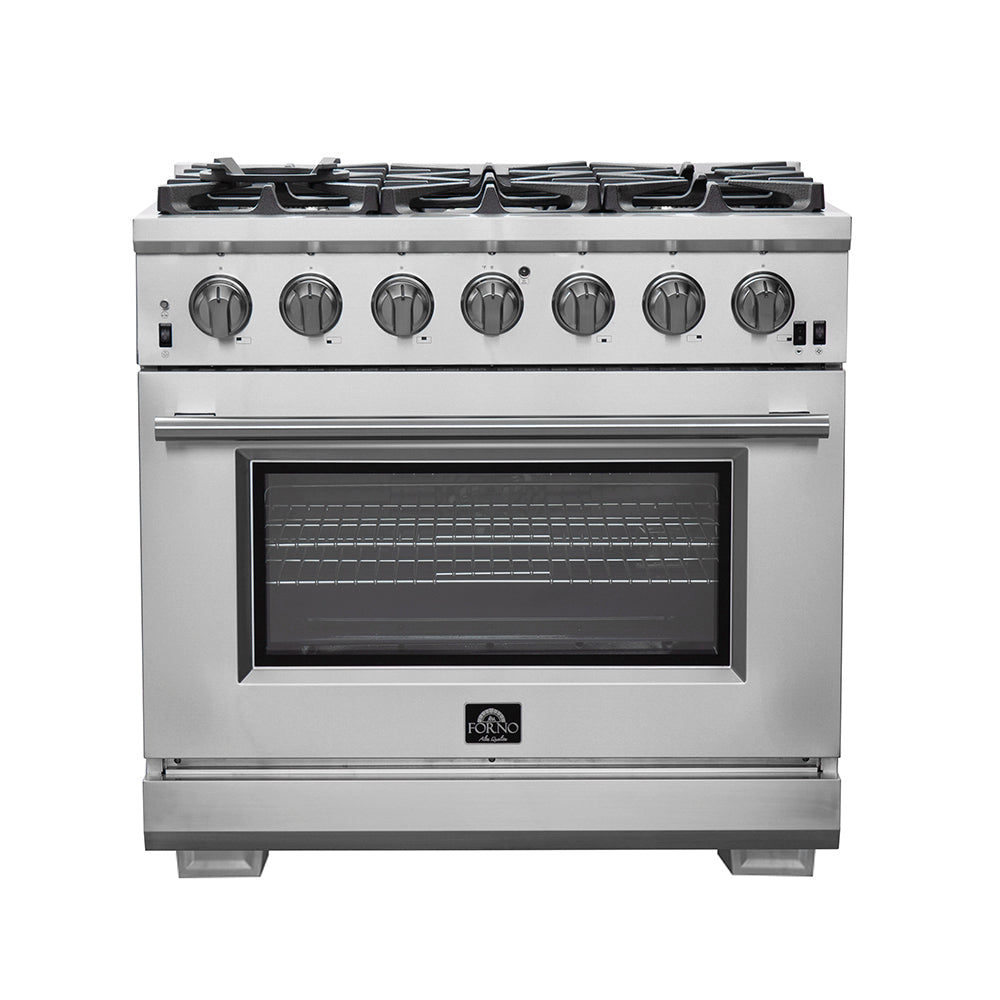FORNO Premium 2-Piece Kitchen Bundle - Galiano 36" Stainless Steel Range, Forno Moena 36" French Door 19.2 cu. ft Stainless Steel Refrigerator, with Decorative Grill - 40" Wide - FBDL-019-03CAUS