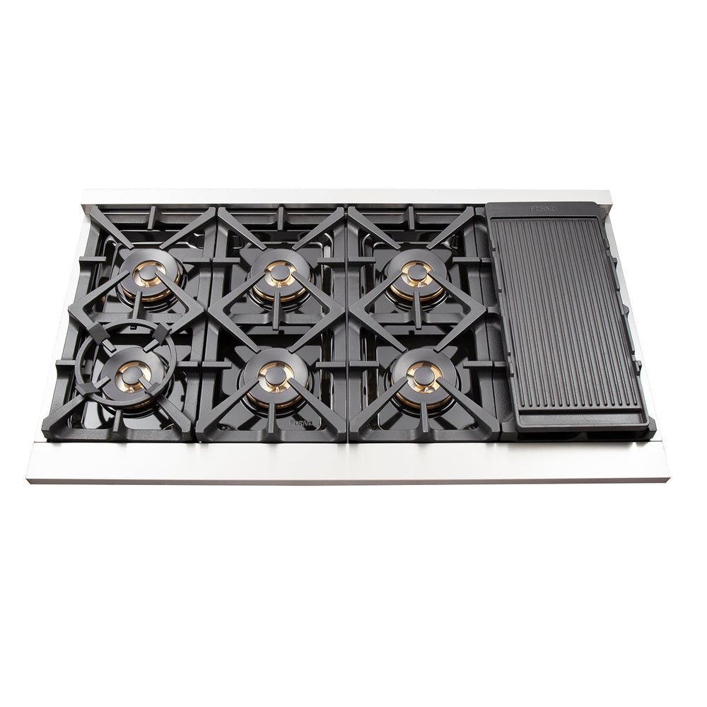 FORNO Premium 3-Piece Kitchen Bundle - FORNO Capriasca 48" Freestanding Gas Range, FORNO Rizzuto 60" W. Dual Combo Convertible Refrigerator, FORNO 48" Wall Mount Range Hood - FBDL-019-05US