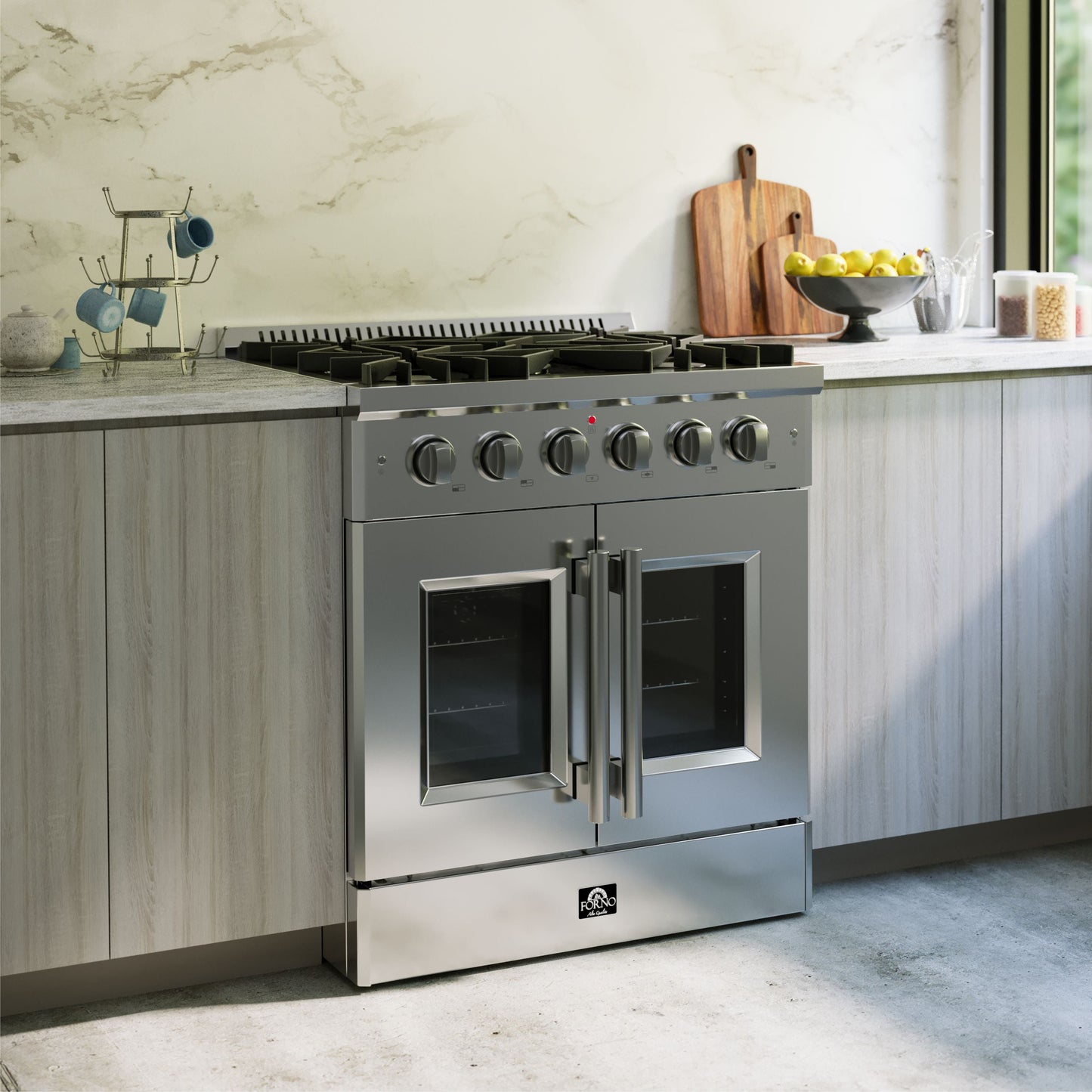 Forno Galiano 30-Inch Freestanding French Door Gas Range, 5 Burners, Convection Oven, Energy Efficient