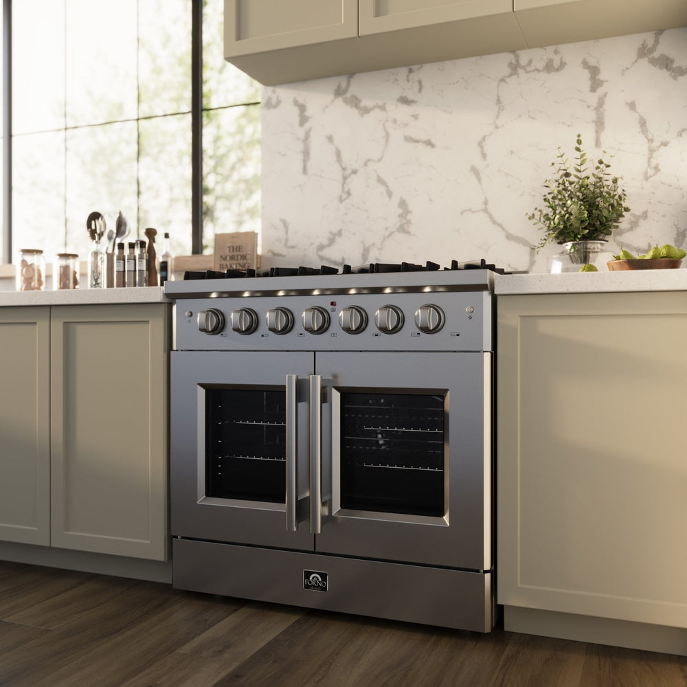 Forno Galiano 36-Inch Freestanding French Door Gas Range, 6 Burners, Convection Oven, Energy Efficient