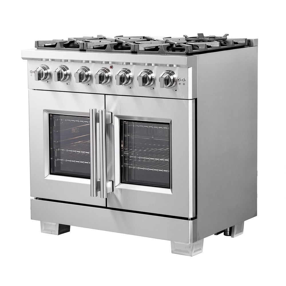 Forno Capriasca 36-Inch Freestanding French Door Gas Range, 6 Burners, Convection Oven, Energy Efficient
