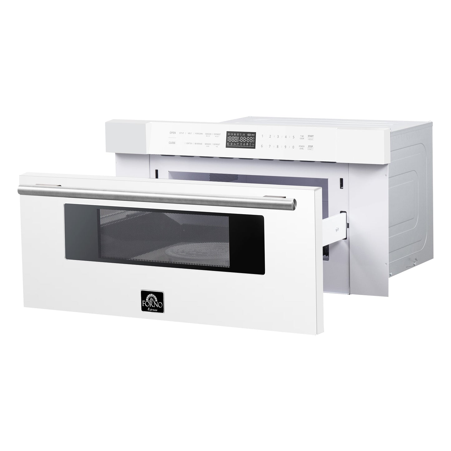 Forno Capoliveri Espresso 30-Inch Microwave Drawer, White, 1.2 cu.ft, 900 Watts, Built-In, Touch Control LCD Display, Auto-Touch Open/Close, 11 Power Levels, Sensor Cooking