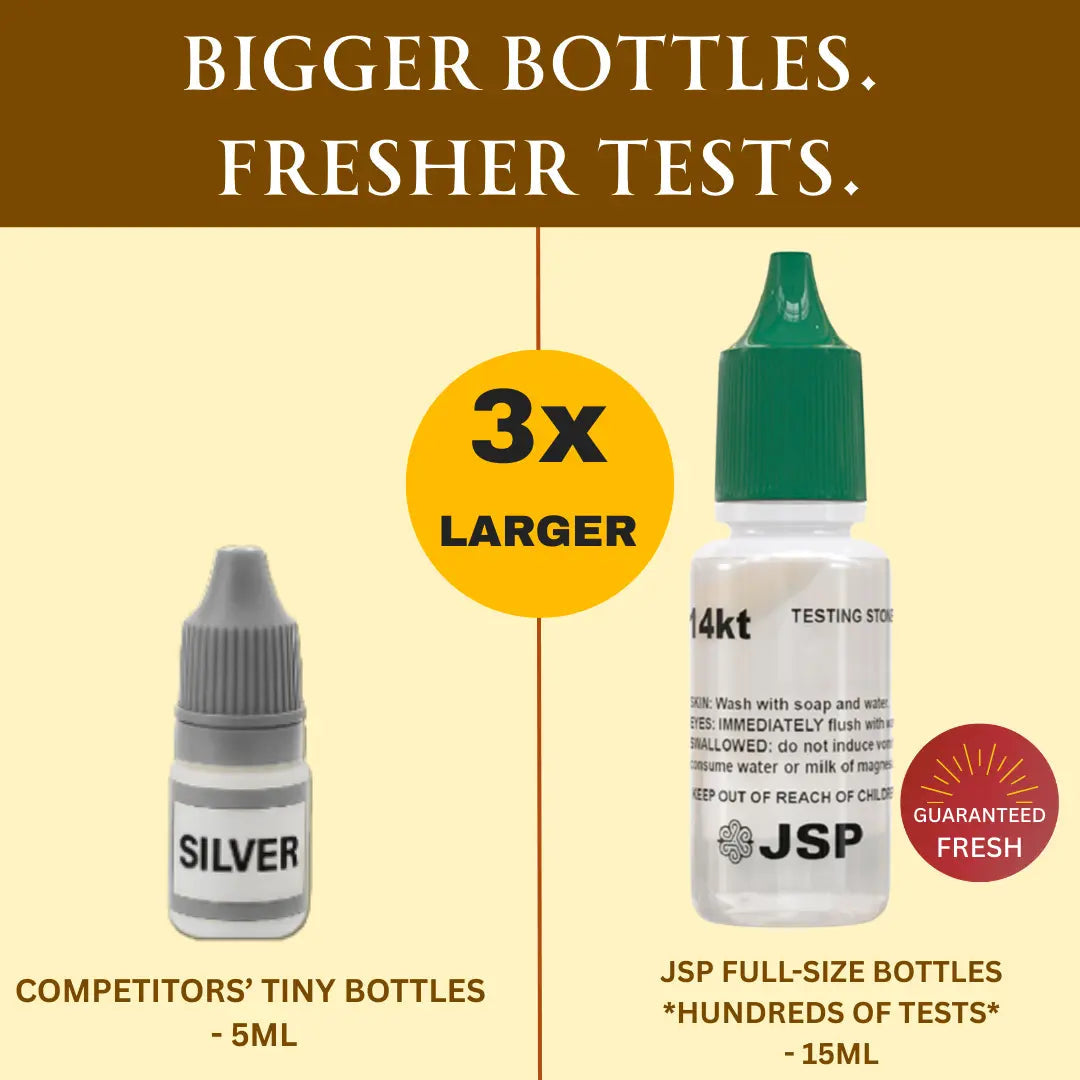 Gold, Silver, Platinum Testing Kit JSP Acids 10K-24K, Neutralizer & 2 Large GTE Testing Stones