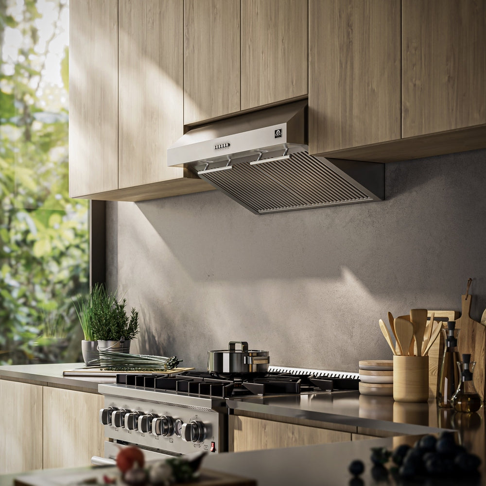 Forno Bari Espresso 30-Inch Under Cabinet Range Hood, Stainless Steel, 400 CFM, LED Lighting, Dishwasher-Safe Baffle Filters, 4-Speed Fan Control