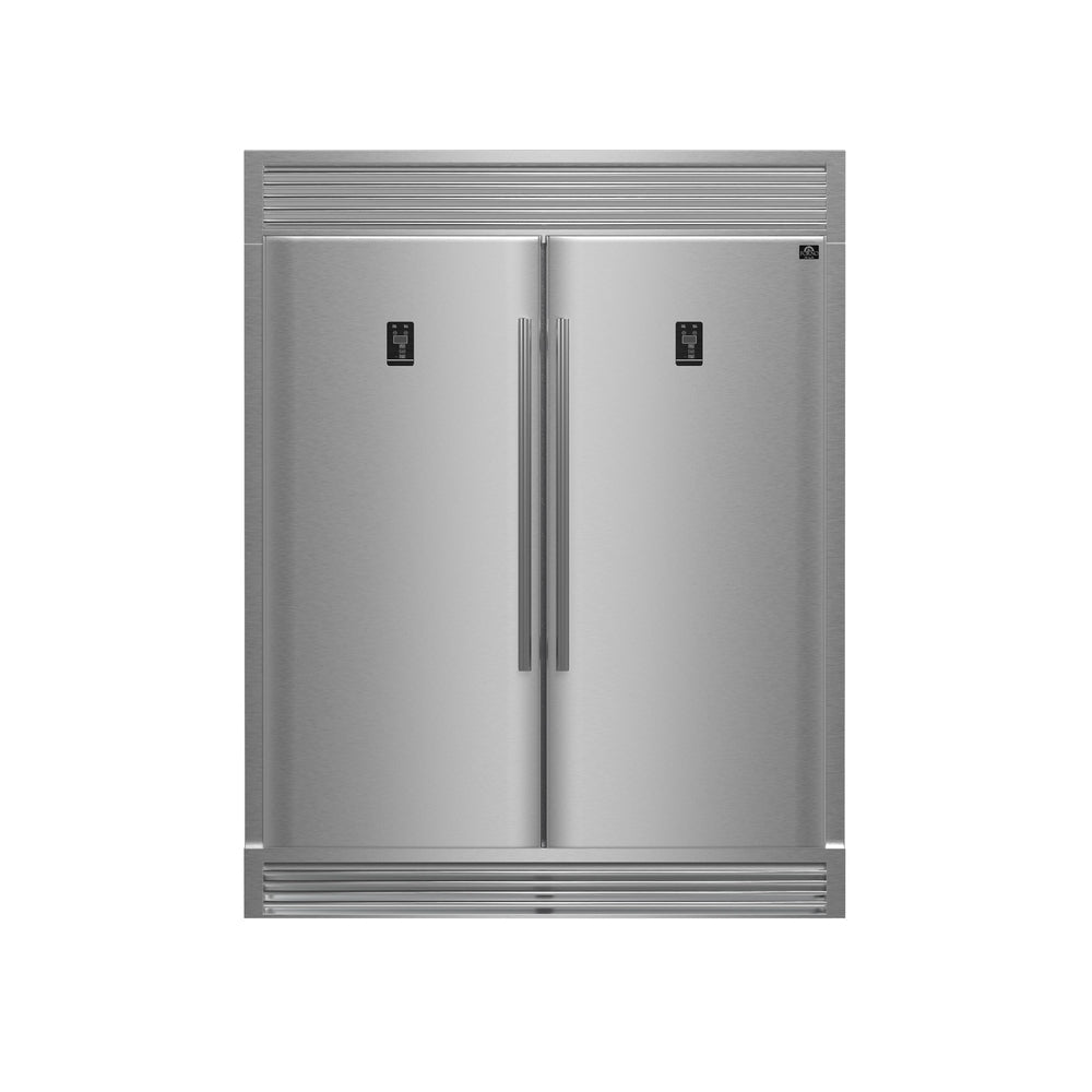 FORNO Premium 3-Piece Kitchen Bundle - FORNO Galiano 48" Freestanding Dual Fuel Range, FORNO Rizzuto 60" W. Dual Combo Convertible Refrigerator, FORNO 48" Wall Mount Range Hood - FBDL-017-02US