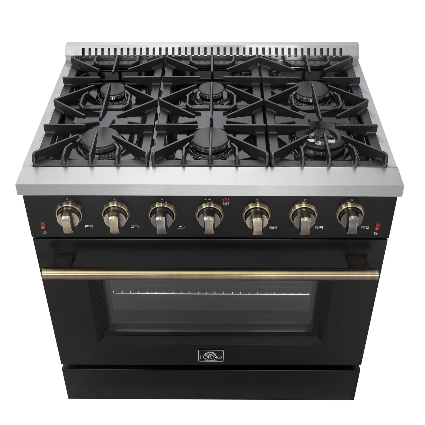 Forno Galiano 36-inch Freestanding Gas Range in Black with Antique Brass Design, 6 Burners, 83,000 BTU, 5.36 cu.ft. Convection Oven