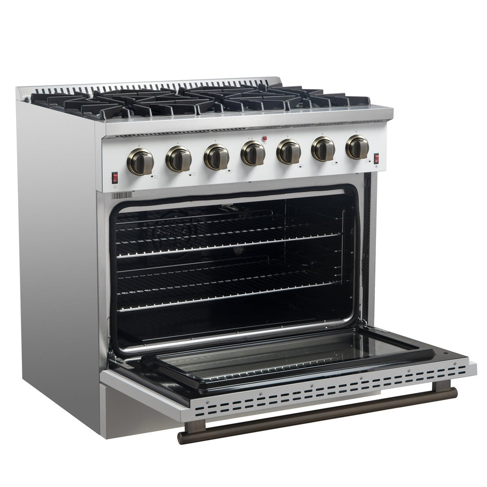 Forno Galiano 36-inch Freestanding Gas Range in White with Antique Brass Design, 6 Burners, 83,000 BTU, 5.36 cu.ft. Convection Oven