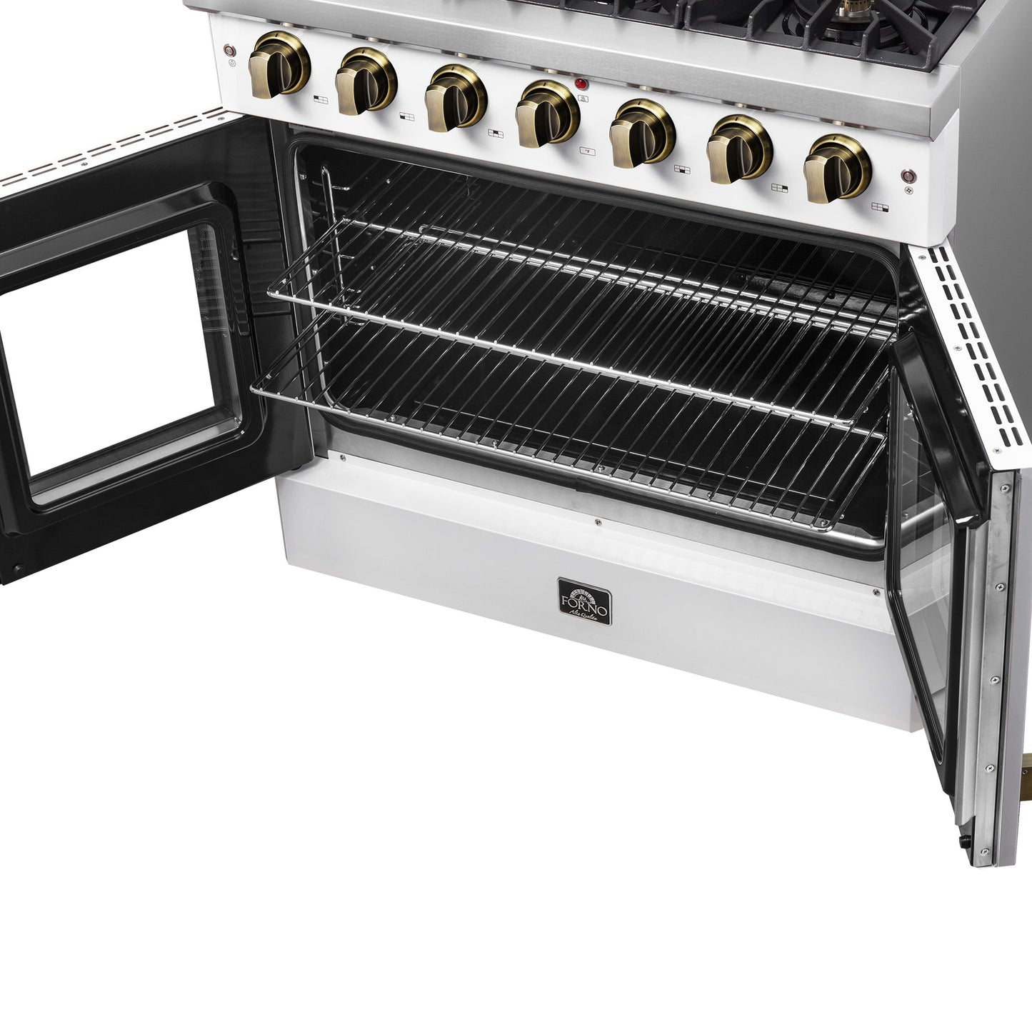 Forno Galiano 36-inch French Door Gas Range White and Antique Brass Design, 6 Sealed Burners 83,000 BTU, 5.36 cu.ft. Convection Oven