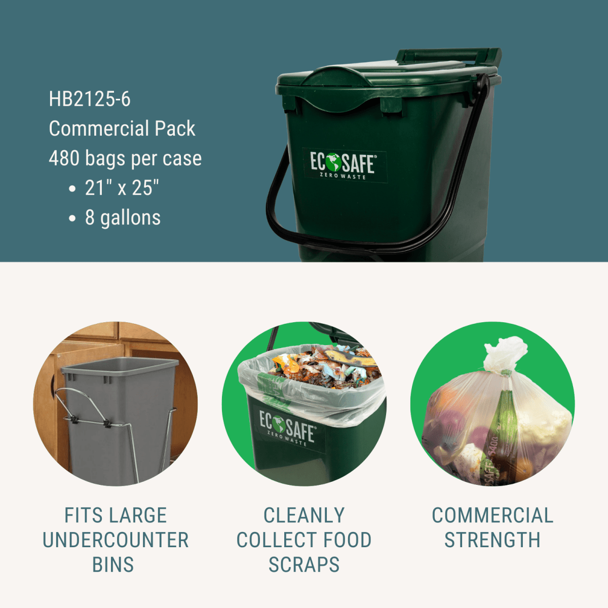 EcoSafe 8 Gal Compostable Bag Liners - 21X25 (2-Roll Pack, QTY:24)